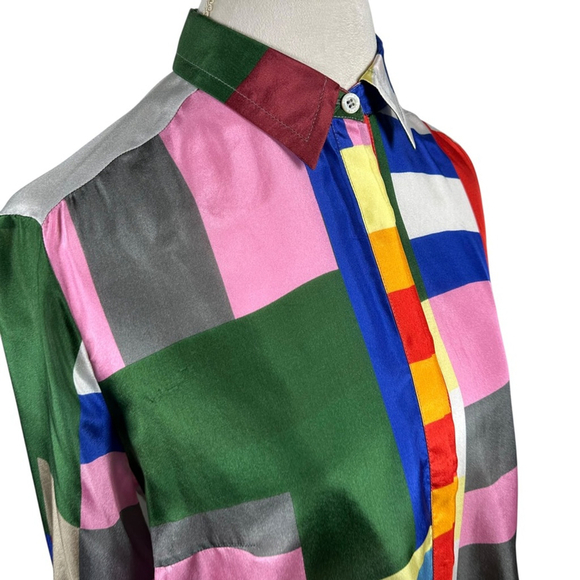 Bogner Color Block Button Blouse Horse Equestrian Back Silk Size US 12 EU 42 - Picture 10 of 13
